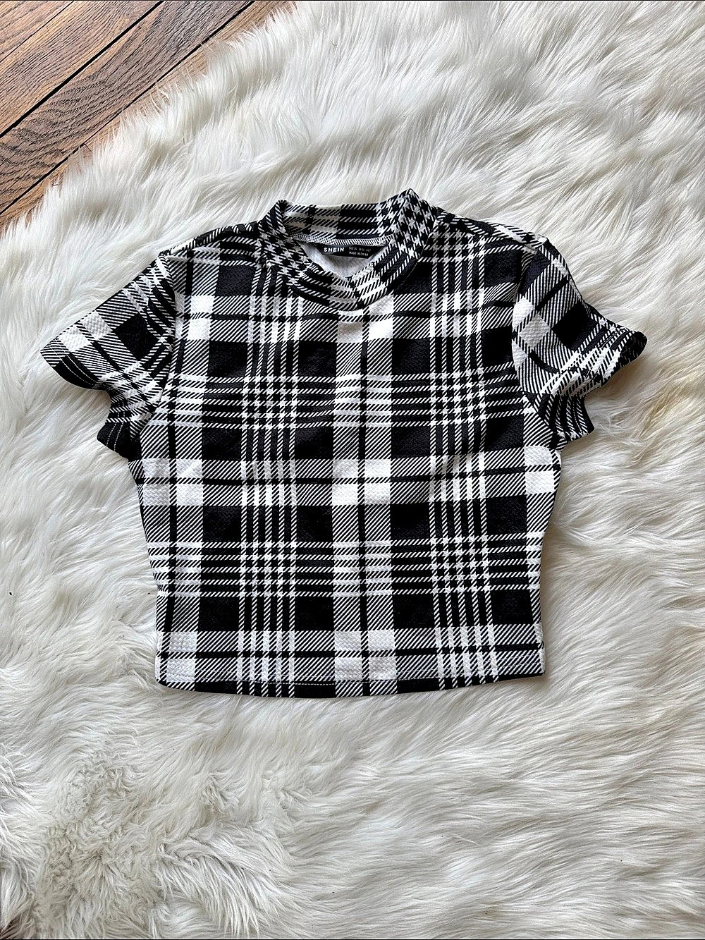 SHEIN Plaid Short Sleeve Top Black & White Checkered Pattern